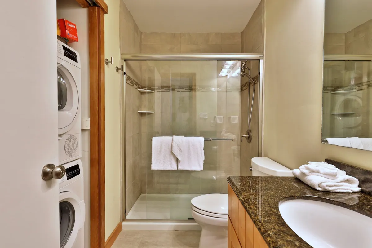 A contemporary bathroom with a shower area, vanity with sink, and laundry appliances. The room is calm, convenient, and clean, highlighting modern amenities.